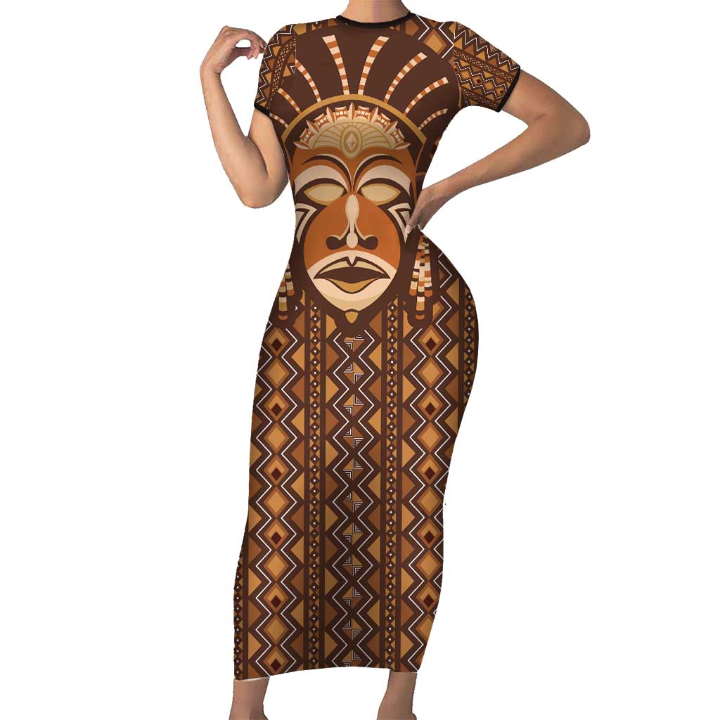 African Mask Printed Mudcloth Short Sleeve Bodycon Dress - Wonder Print Shop