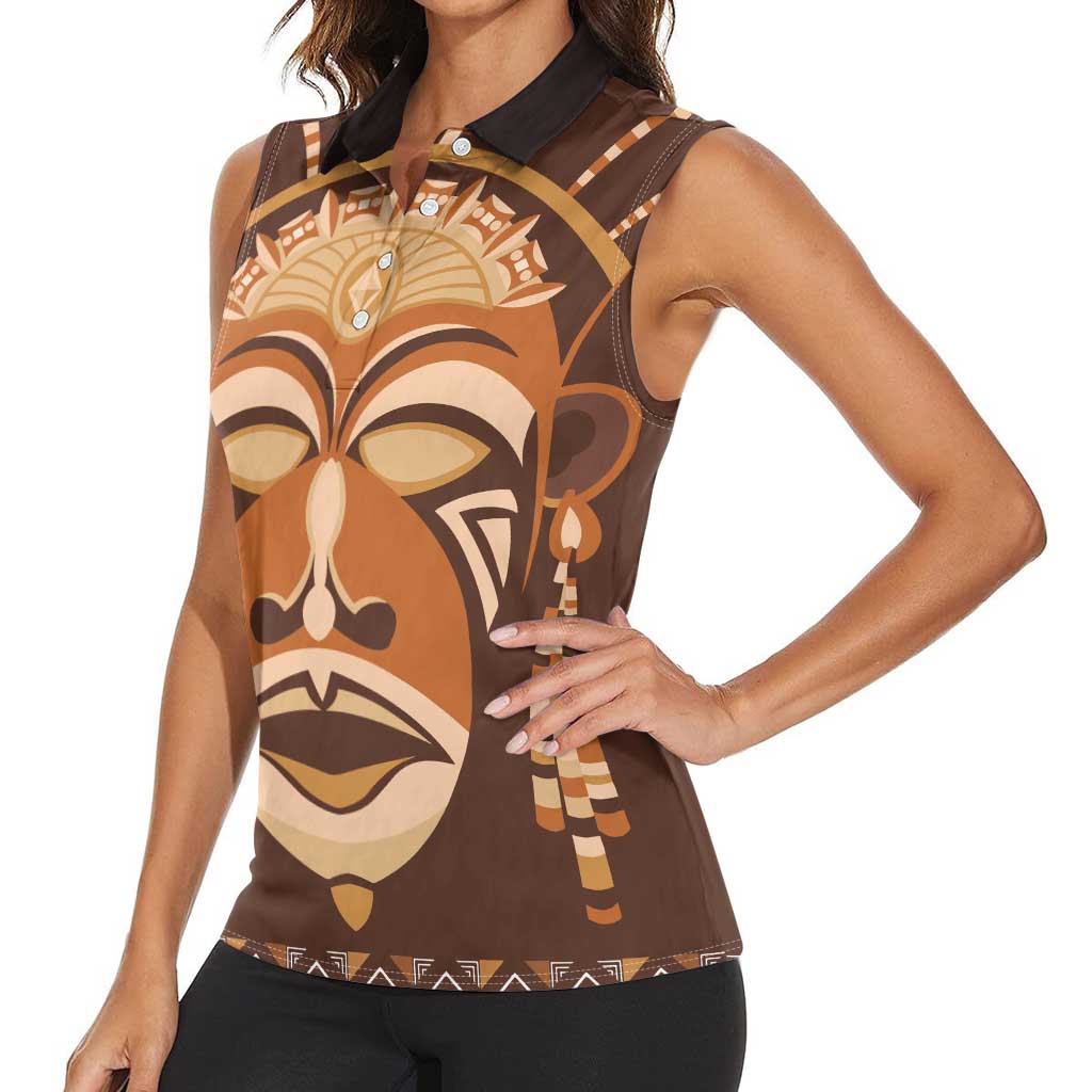 African Mask Printed Mudcloth Women Sleeveless Polo Shirt - Wonder Print Shop