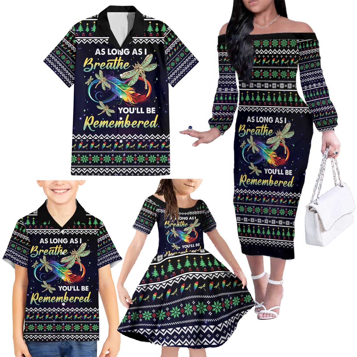 Dragonfly Angel Family Matching Off The Shoulder Long Sleeve Dress and Hawaiian Shirt As Long As I Breathe You'll Be Remembered - Wonder Print Shop