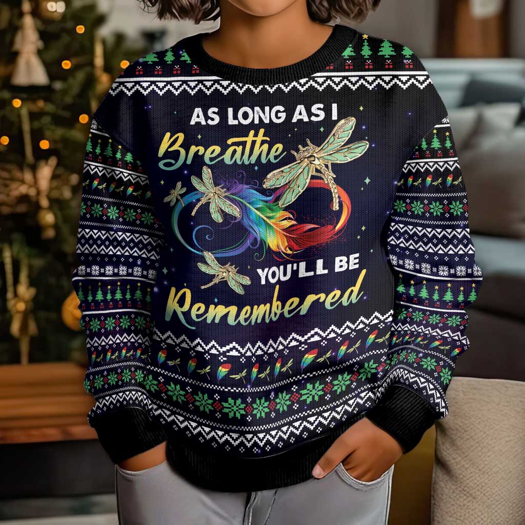 Dragonfly Angel Kid Ugly Christmas Sweater As Long As I Breathe You'll Be Remembered - Wonder Print Shop