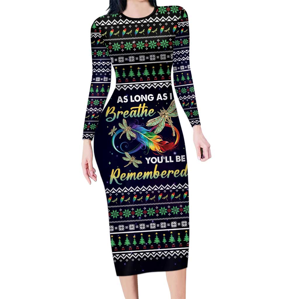 Dragonfly Angel Long Sleeve Bodycon Dress As Long As I Breathe You'll Be Remembered - Wonder Print Shop