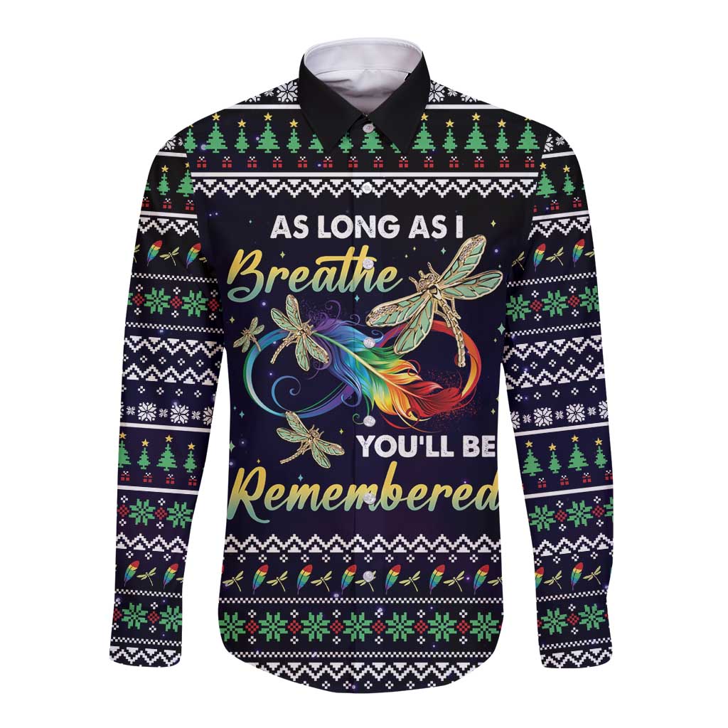 Dragonfly Angel Long Sleeve Button Shirt As Long As I Breathe You'll Be Remembered - Wonder Print Shop