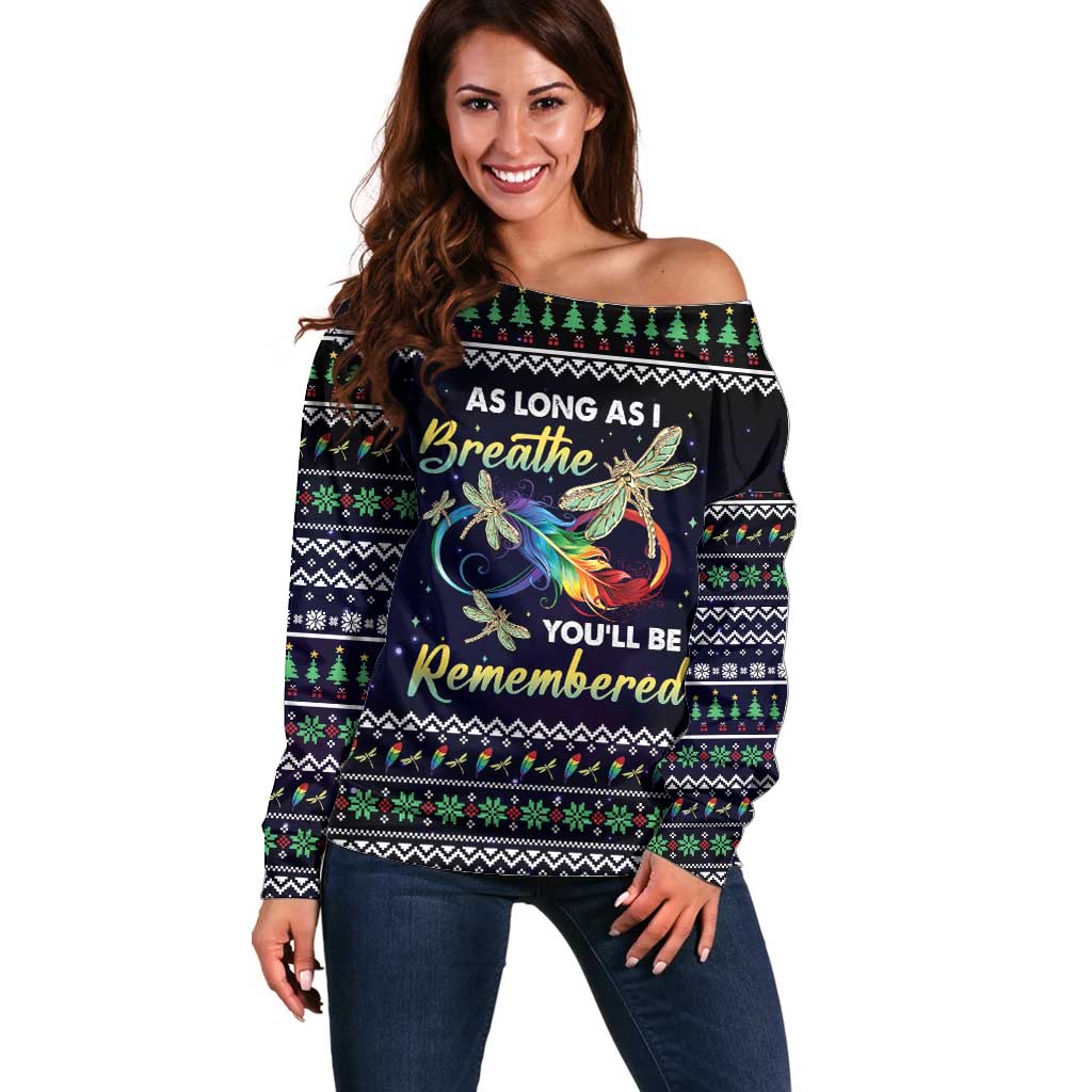 Dragonfly Angel Off Shoulder Sweater As Long As I Breathe You'll Be Remembered - Wonder Print Shop