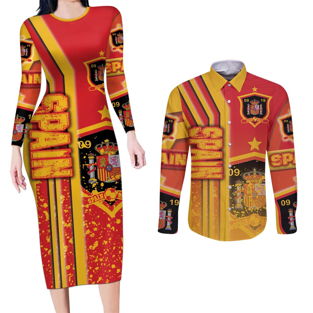 Spain Football Couples Matching Long Sleeve Bodycon Dress and Long Sleeve Button Shirt La Roja Soccer - Road To Champion