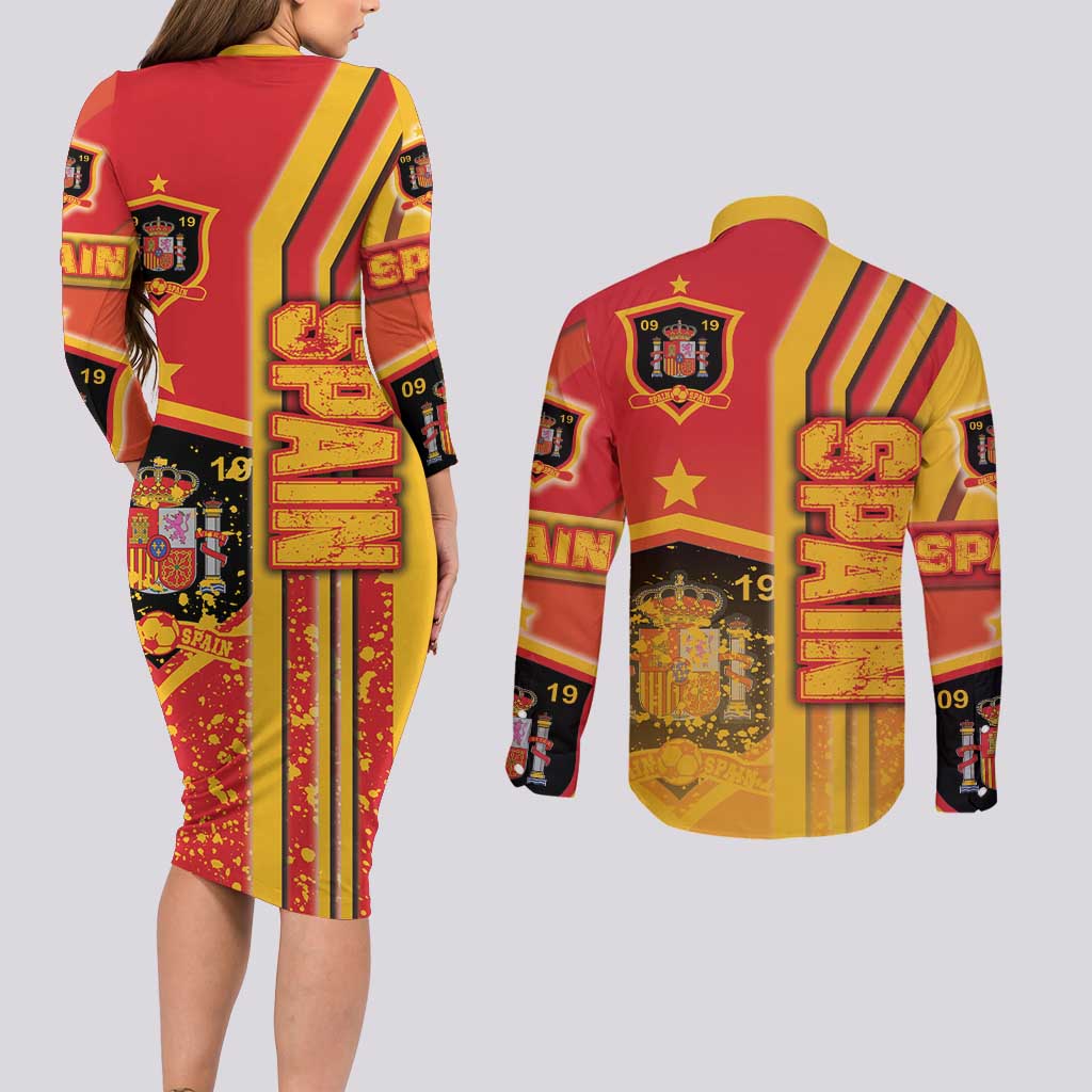 Spain Football Couples Matching Long Sleeve Bodycon Dress and Long Sleeve Button Shirt La Roja Soccer - Road To Champion
