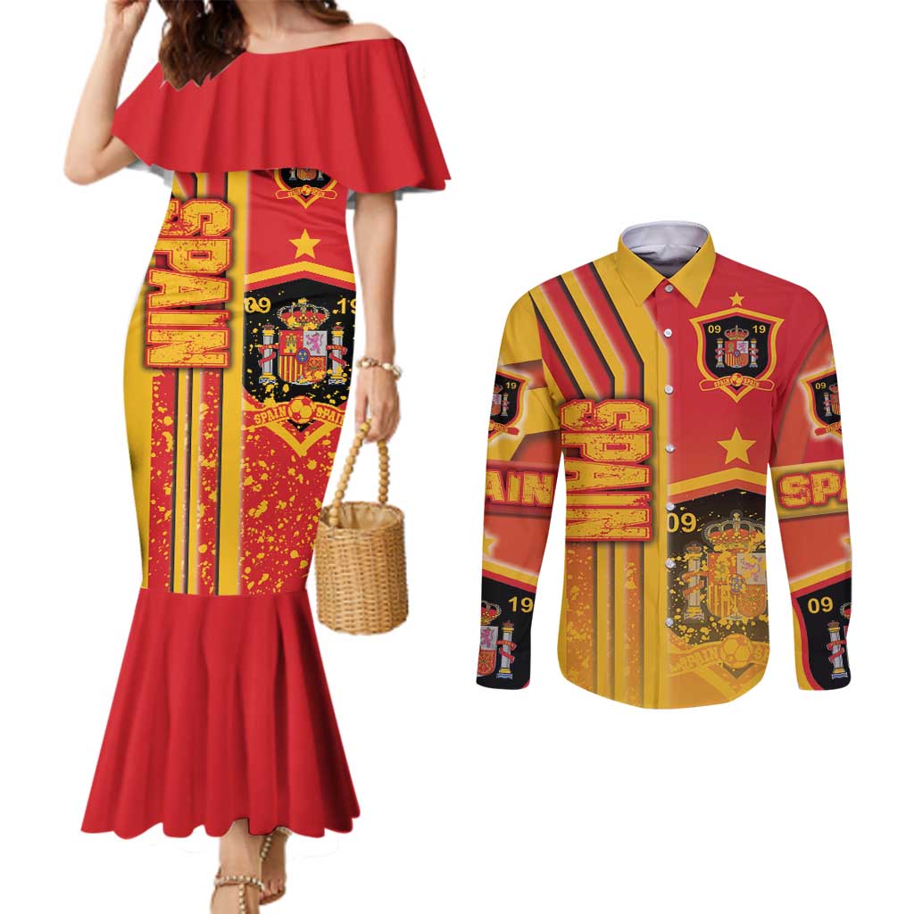Spain Football Couples Matching Mermaid Dress and Long Sleeve Button Shirt La Roja Soccer - Road To Champion
