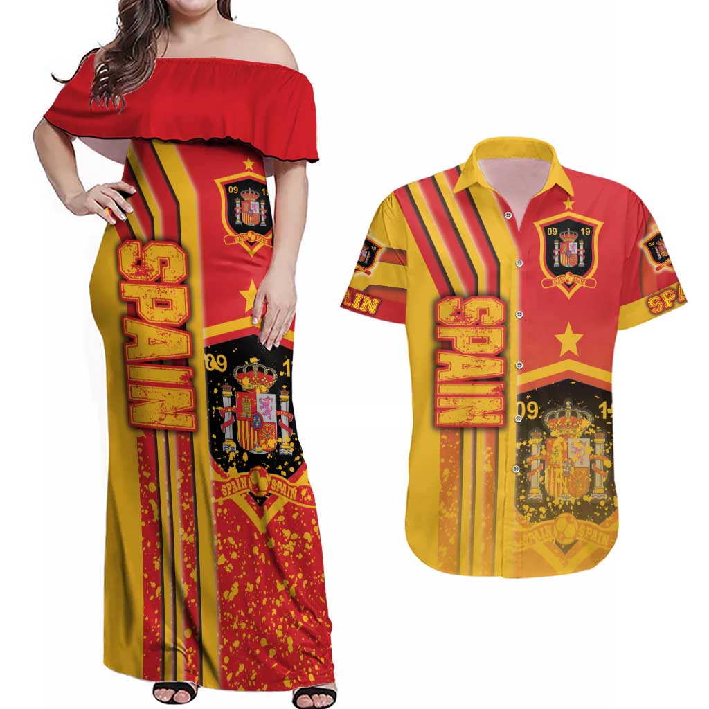 Spain Football Couples Matching Off Shoulder Maxi Dress and Hawaiian Shirt La Roja Soccer - Road To Champion