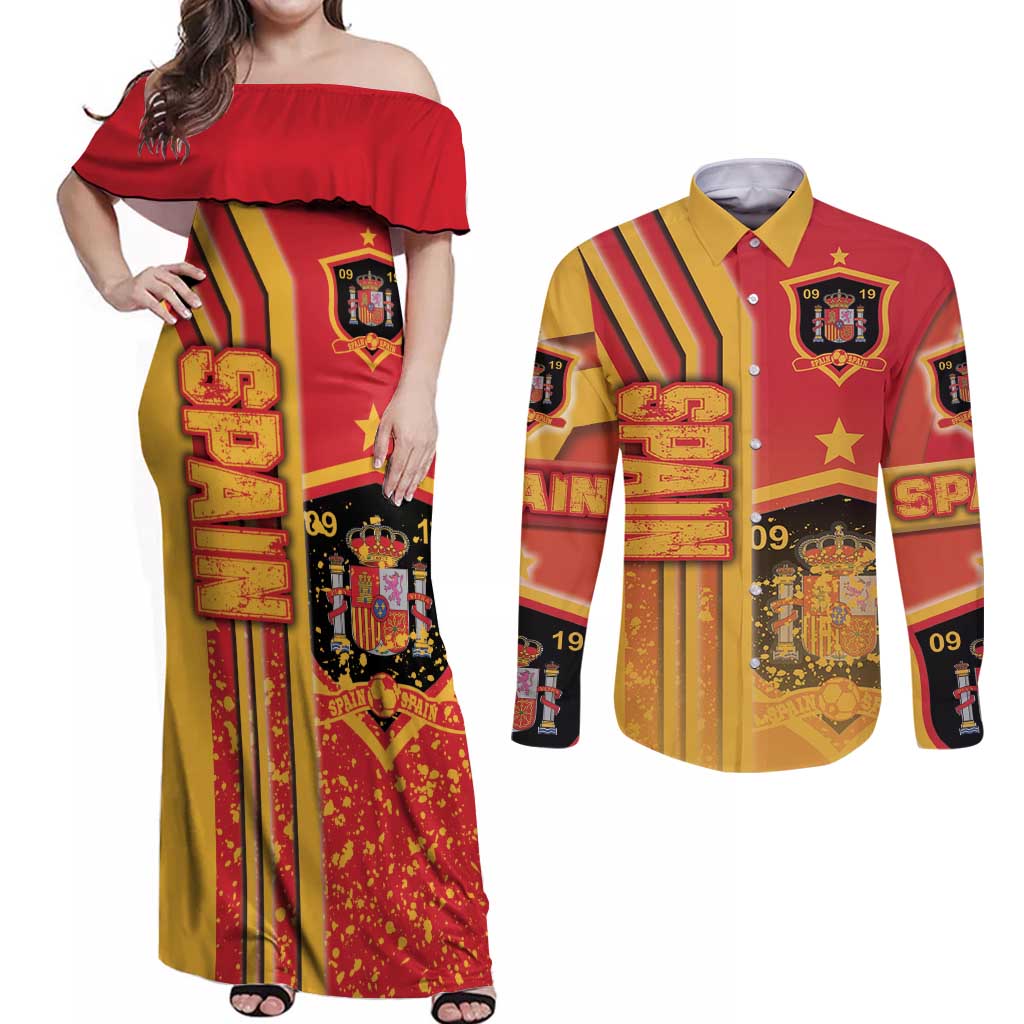 Spain Football Couples Matching Off Shoulder Maxi Dress and Long Sleeve Button Shirt La Roja Soccer - Road To Champion