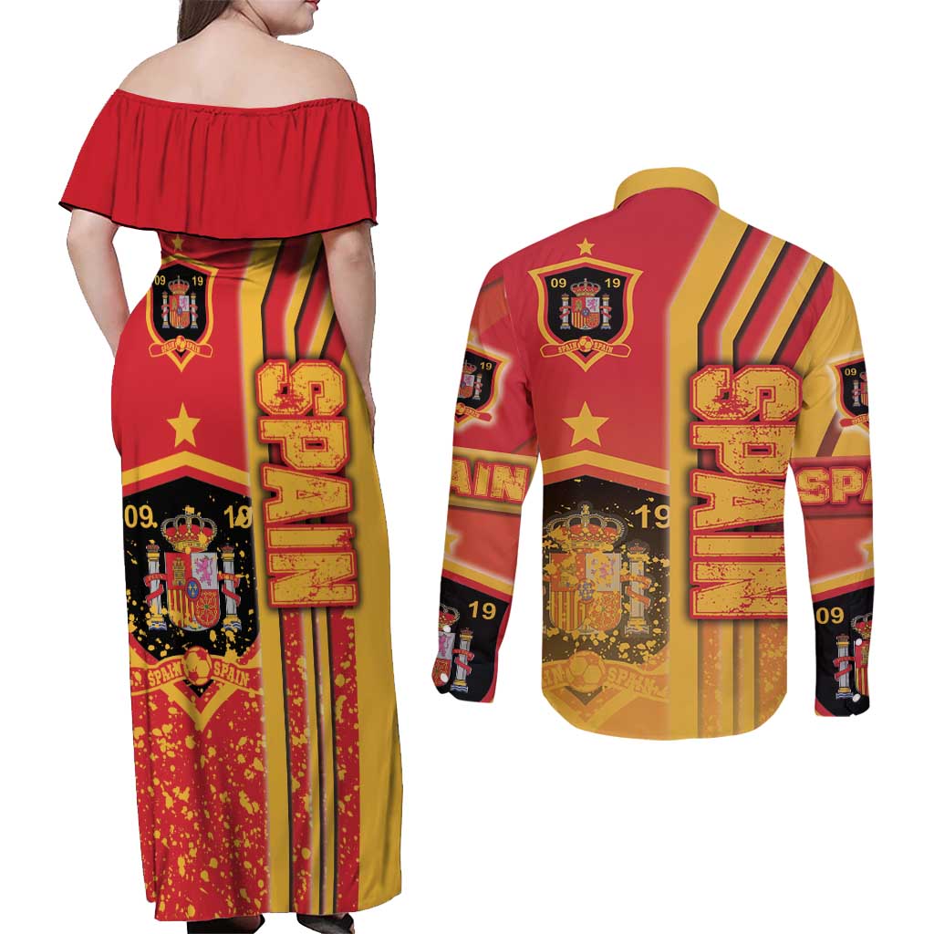 Spain Football Couples Matching Off Shoulder Maxi Dress and Long Sleeve Button Shirt La Roja Soccer - Road To Champion
