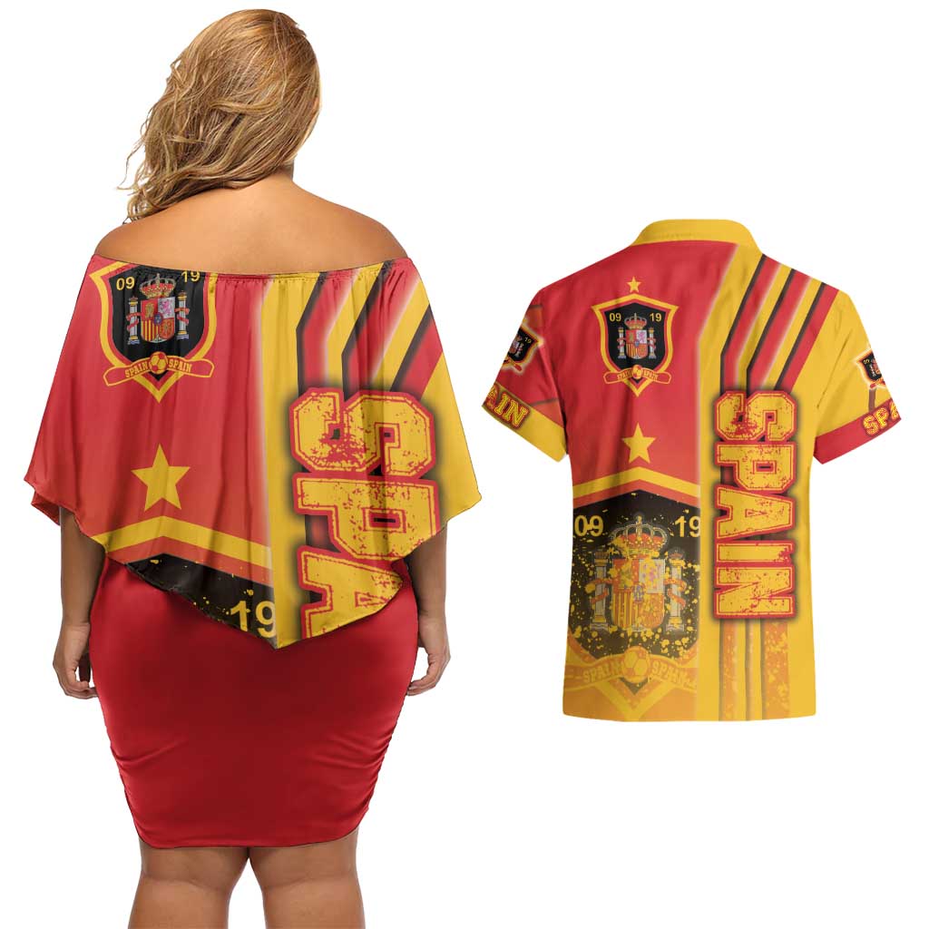 Spain Football Couples Matching Off Shoulder Short Dress and Hawaiian Shirt La Roja Soccer - Road To Champion