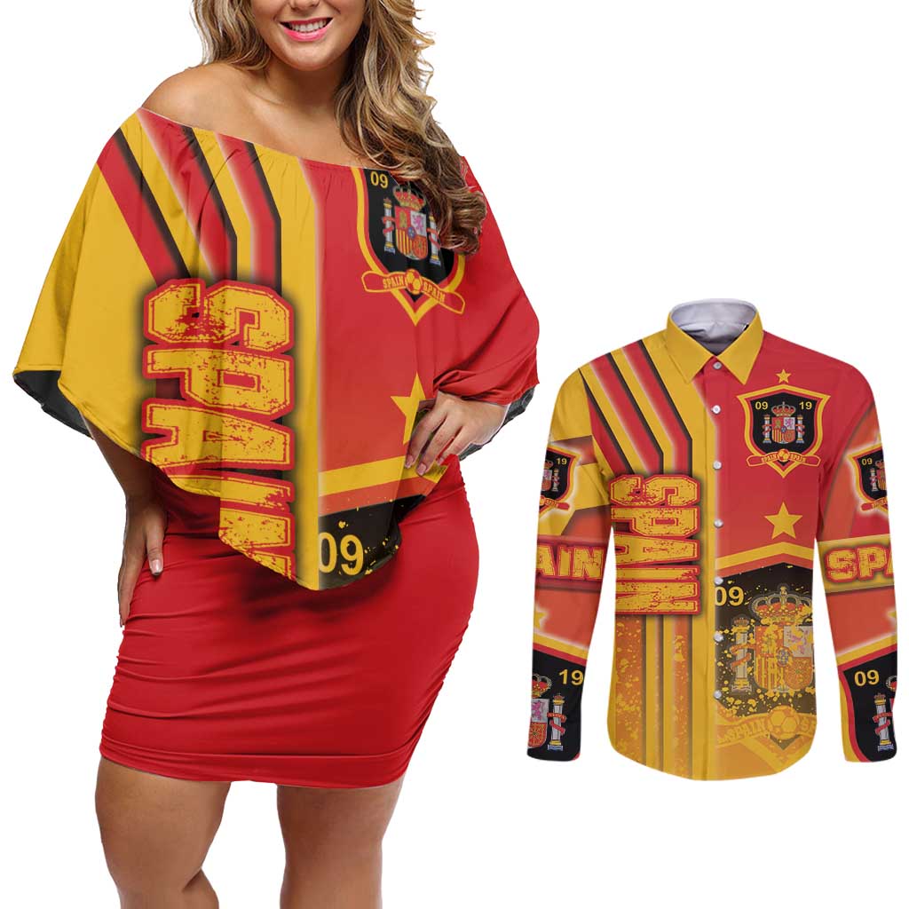 Spain Football Couples Matching Off Shoulder Short Dress and Long Sleeve Button Shirt La Roja Soccer - Road To Champion