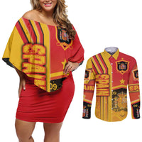 Spain Football Couples Matching Off Shoulder Short Dress and Long Sleeve Button Shirt La Roja Soccer - Road To Champion