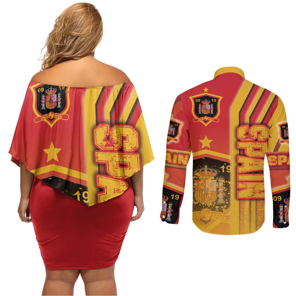 Spain Football Couples Matching Off Shoulder Short Dress and Long Sleeve Button Shirt La Roja Soccer - Road To Champion