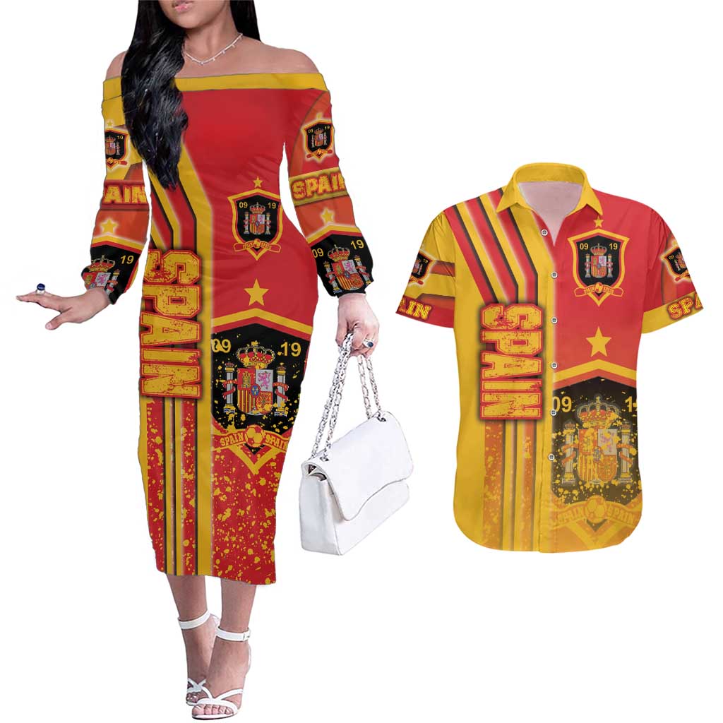 Spain Football Couples Matching Off The Shoulder Long Sleeve Dress and Hawaiian Shirt La Roja Soccer - Road To Champion