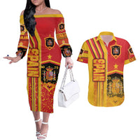 Spain Football Couples Matching Off The Shoulder Long Sleeve Dress and Hawaiian Shirt La Roja Soccer - Road To Champion