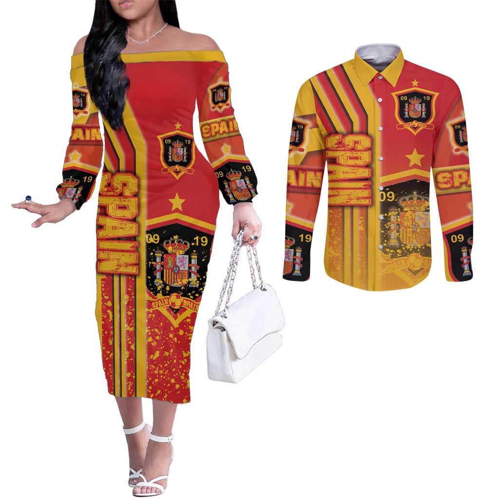 Spain Football Couples Matching Off The Shoulder Long Sleeve Dress and Long Sleeve Button Shirt La Roja Soccer - Road To Champion