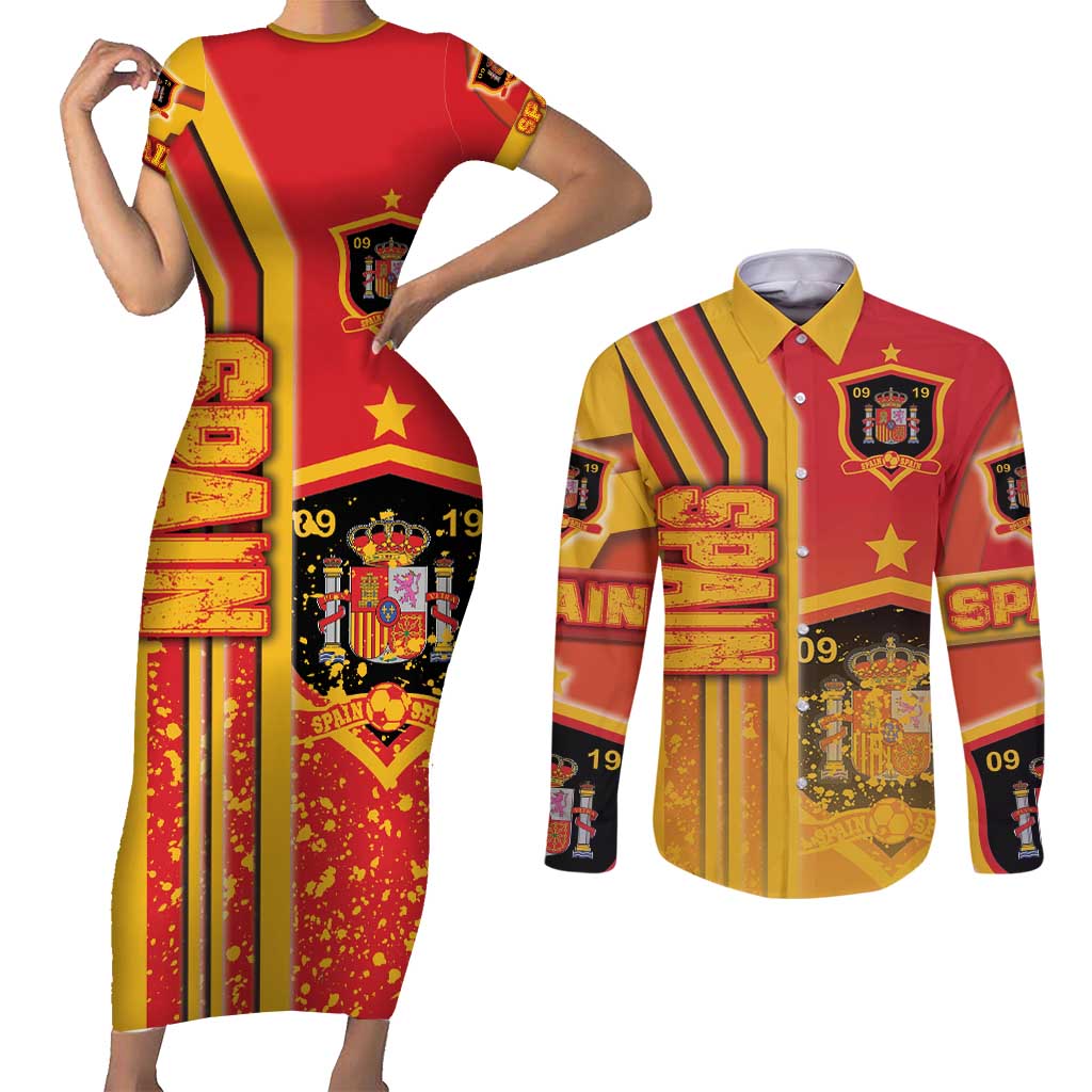 Spain Football Couples Matching Short Sleeve Bodycon Dress and Long Sleeve Button Shirt La Roja Soccer - Road To Champion
