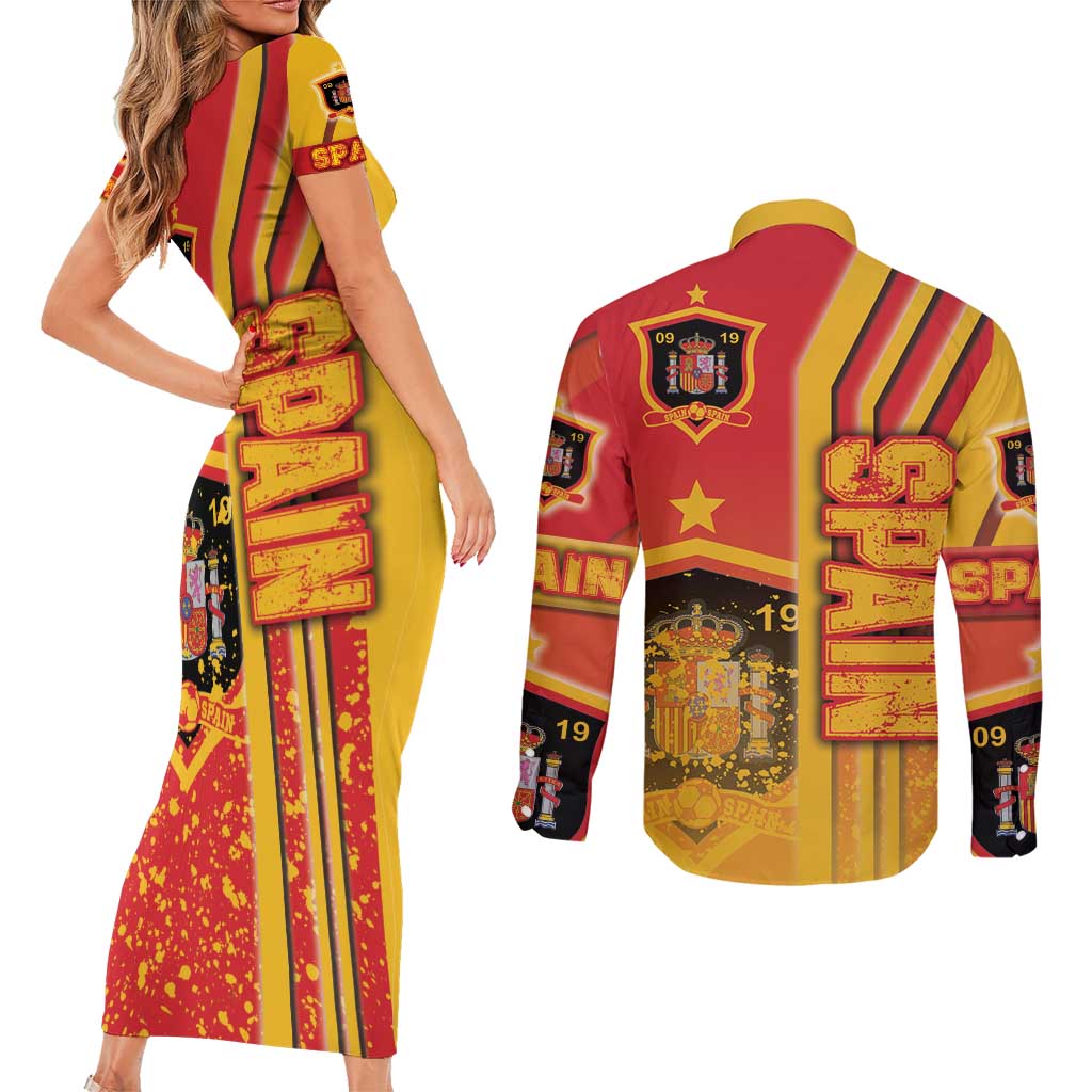 Spain Football Couples Matching Short Sleeve Bodycon Dress and Long Sleeve Button Shirt La Roja Soccer - Road To Champion