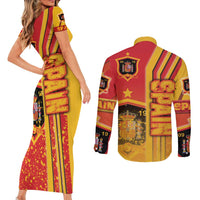 Spain Football Couples Matching Short Sleeve Bodycon Dress and Long Sleeve Button Shirt La Roja Soccer - Road To Champion