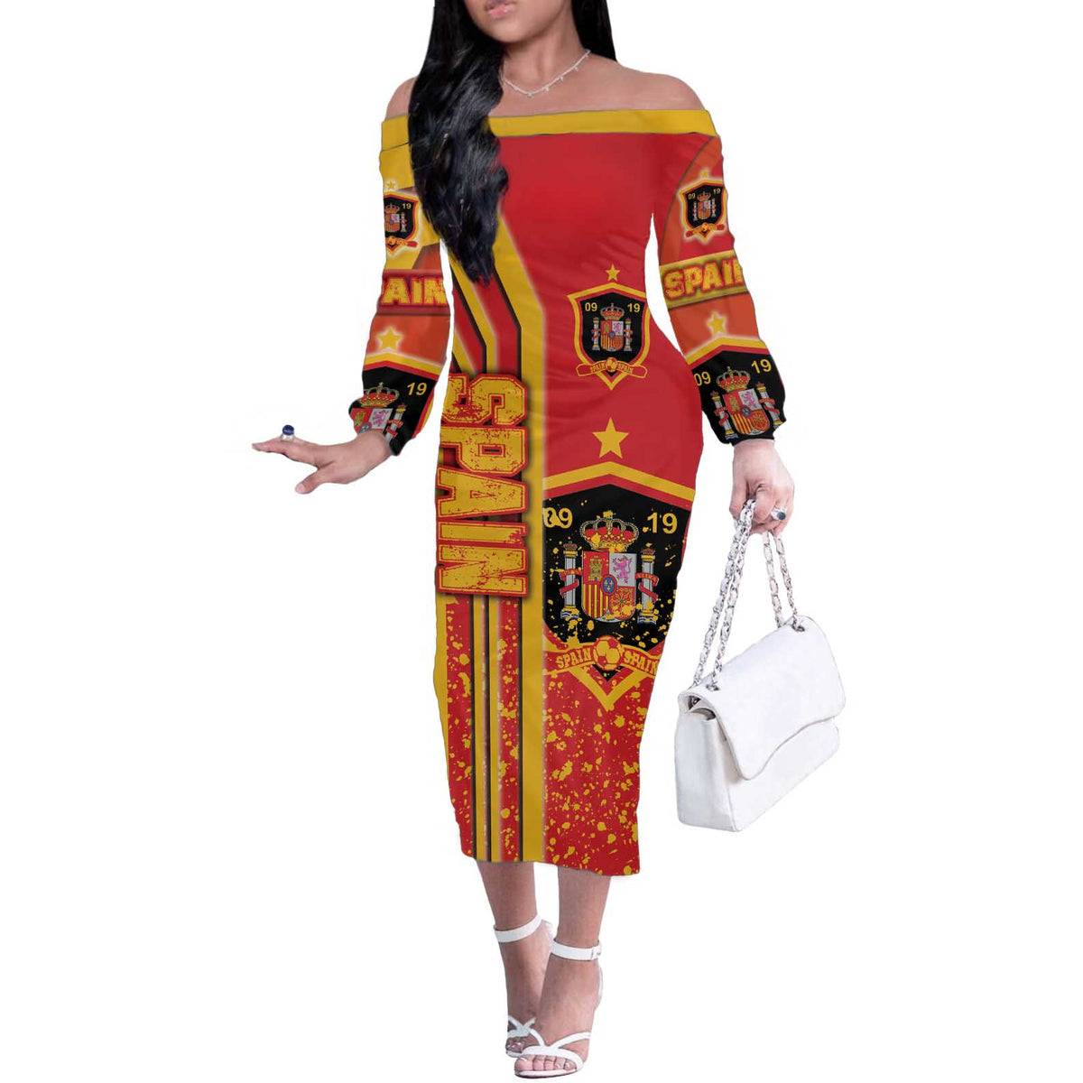 Spain Football Off The Shoulder Long Sleeve Dress La Roja Soccer - Road To Champion - Wonder Print Shop