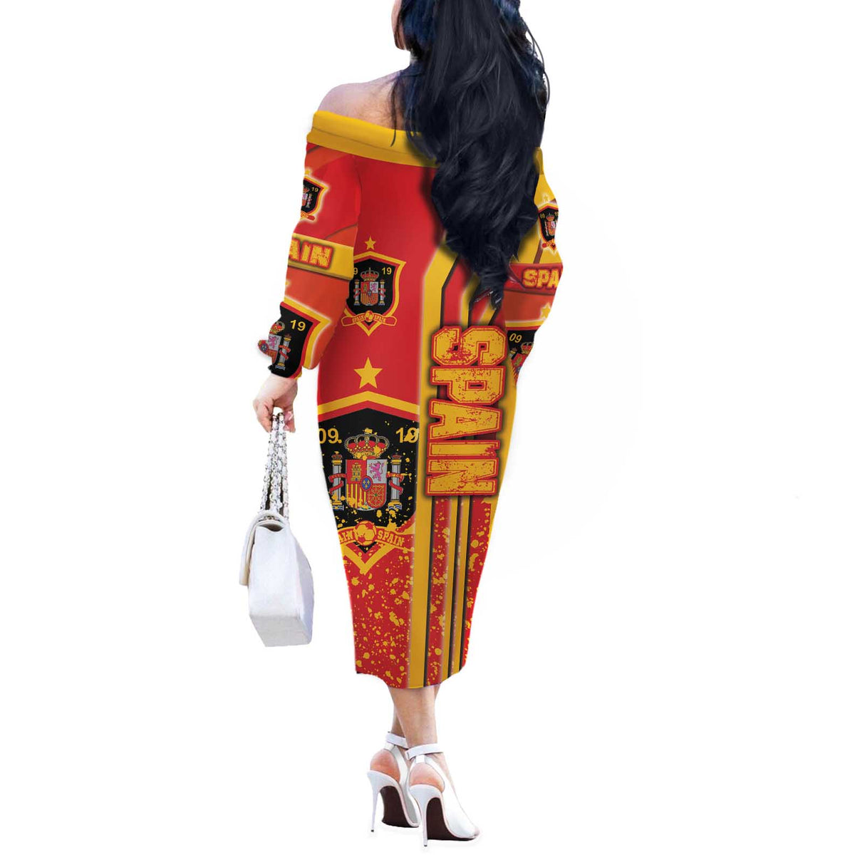Spain Football Off The Shoulder Long Sleeve Dress La Roja Soccer - Road To Champion - Wonder Print Shop