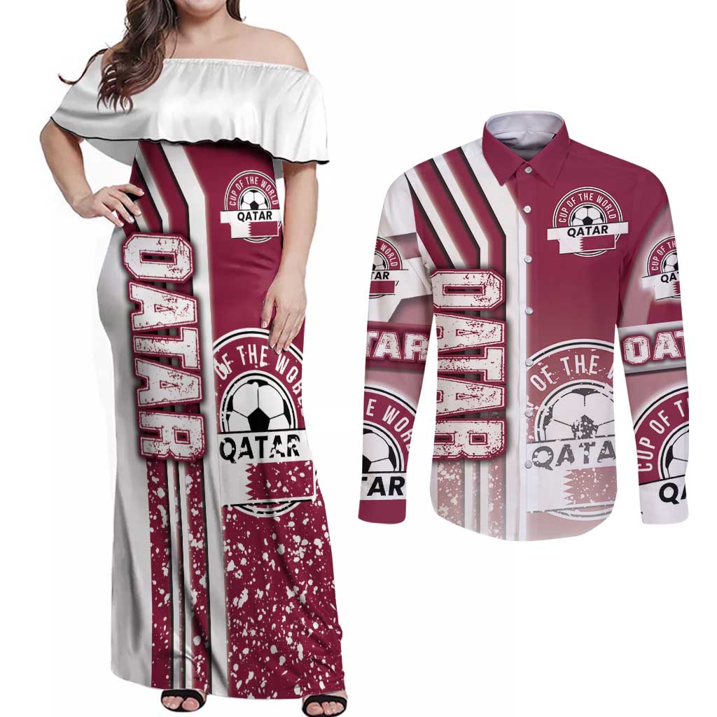 Qatar Football Couples Matching Off Shoulder Maxi Dress and Long Sleeve Button Shirt The Maroons Soccer - Road To Champion