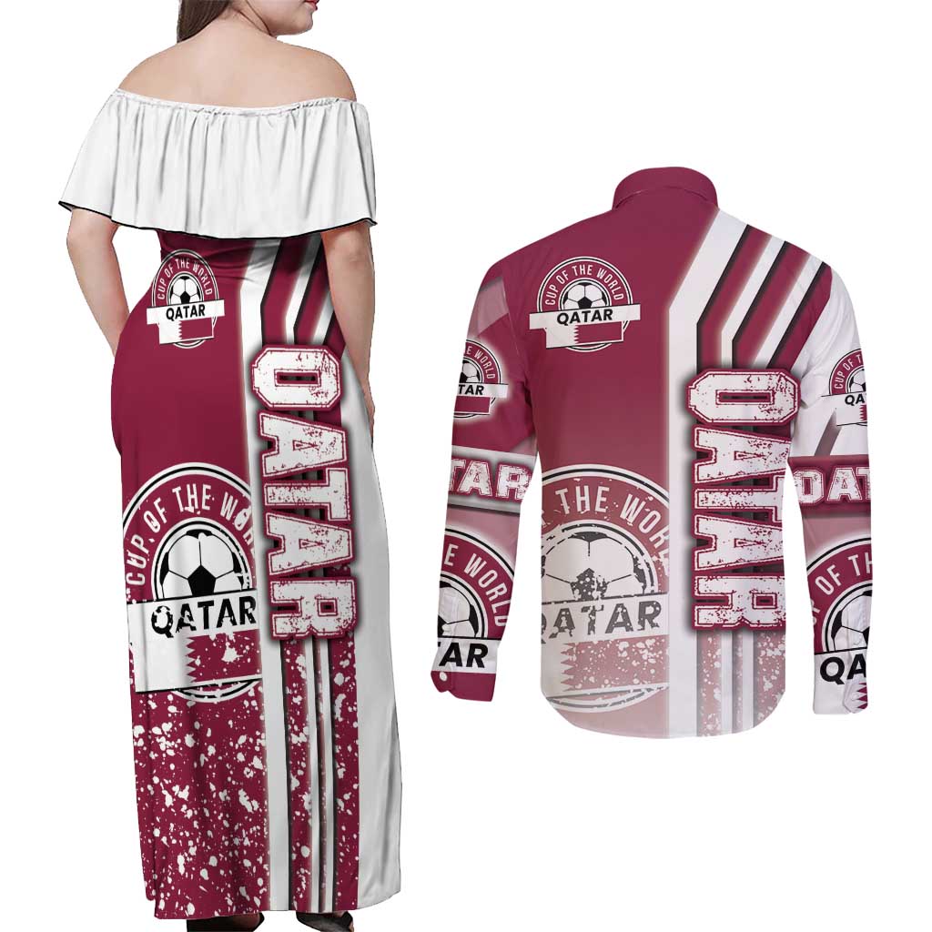 Qatar Football Couples Matching Off Shoulder Maxi Dress and Long Sleeve Button Shirt The Maroons Soccer - Road To Champion