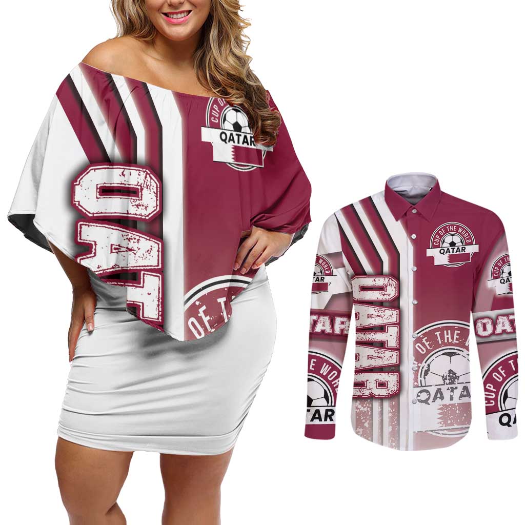 Qatar Football Couples Matching Off Shoulder Short Dress and Long Sleeve Button Shirt The Maroons Soccer - Road To Champion