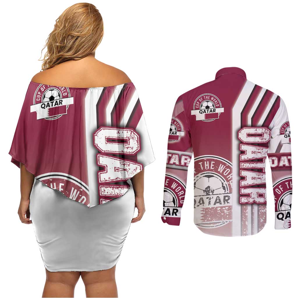 Qatar Football Couples Matching Off Shoulder Short Dress and Long Sleeve Button Shirt The Maroons Soccer - Road To Champion