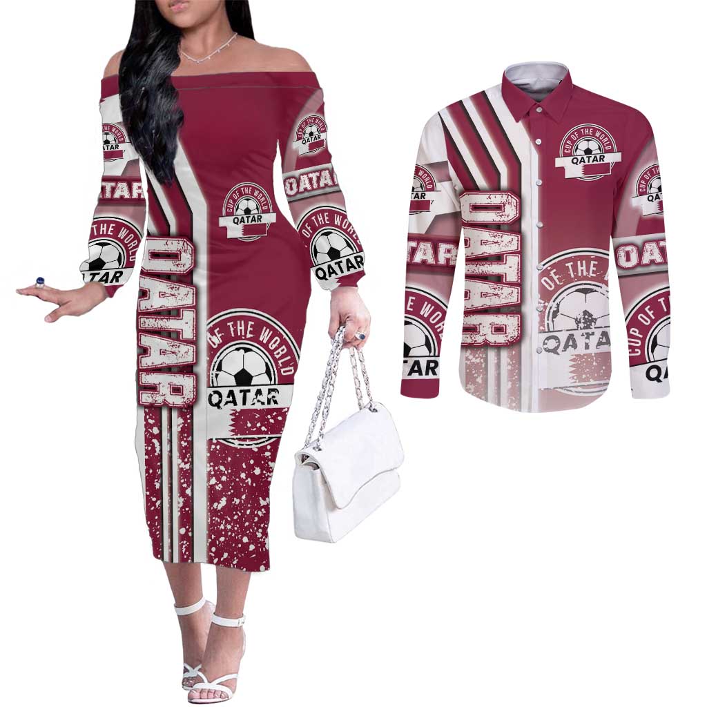Qatar Football Couples Matching Off The Shoulder Long Sleeve Dress and Long Sleeve Button Shirt The Maroons Soccer - Road To Champion