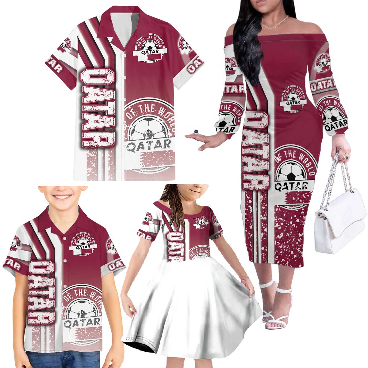 Qatar Football Family Matching Off The Shoulder Long Sleeve Dress and Hawaiian Shirt The Maroons Soccer - Road To Champion