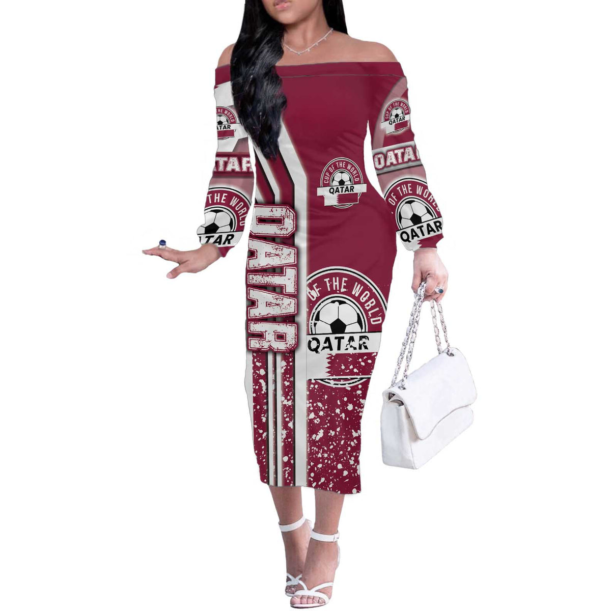 Qatar Football Off The Shoulder Long Sleeve Dress The Maroons Soccer - Road To Champion - Wonder Print Shop