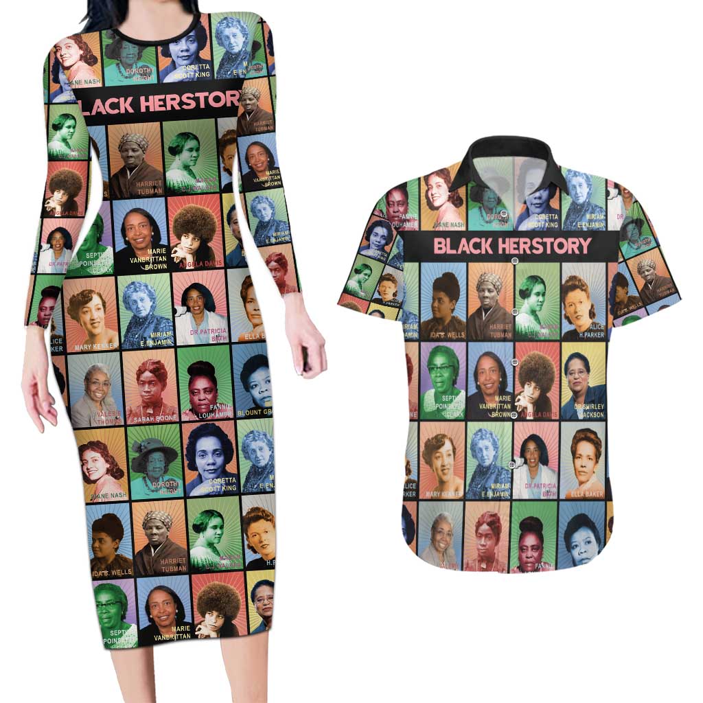 Black Herstory Couples Matching Long Sleeve Bodycon Dress and Hawaiian Shirt The History Of African Women - Wonder Print Shop