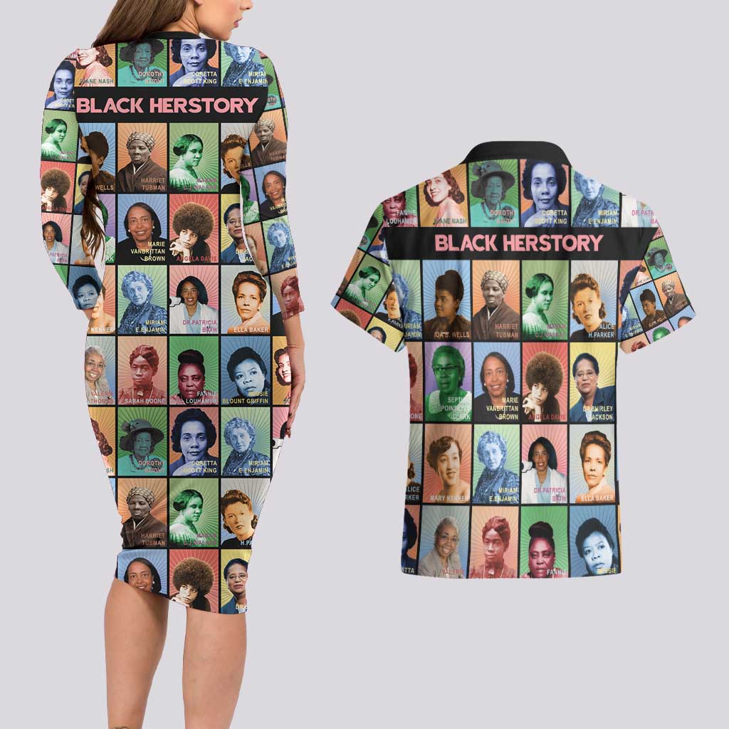 Black Herstory Couples Matching Long Sleeve Bodycon Dress and Hawaiian Shirt The History Of African Women - Wonder Print Shop