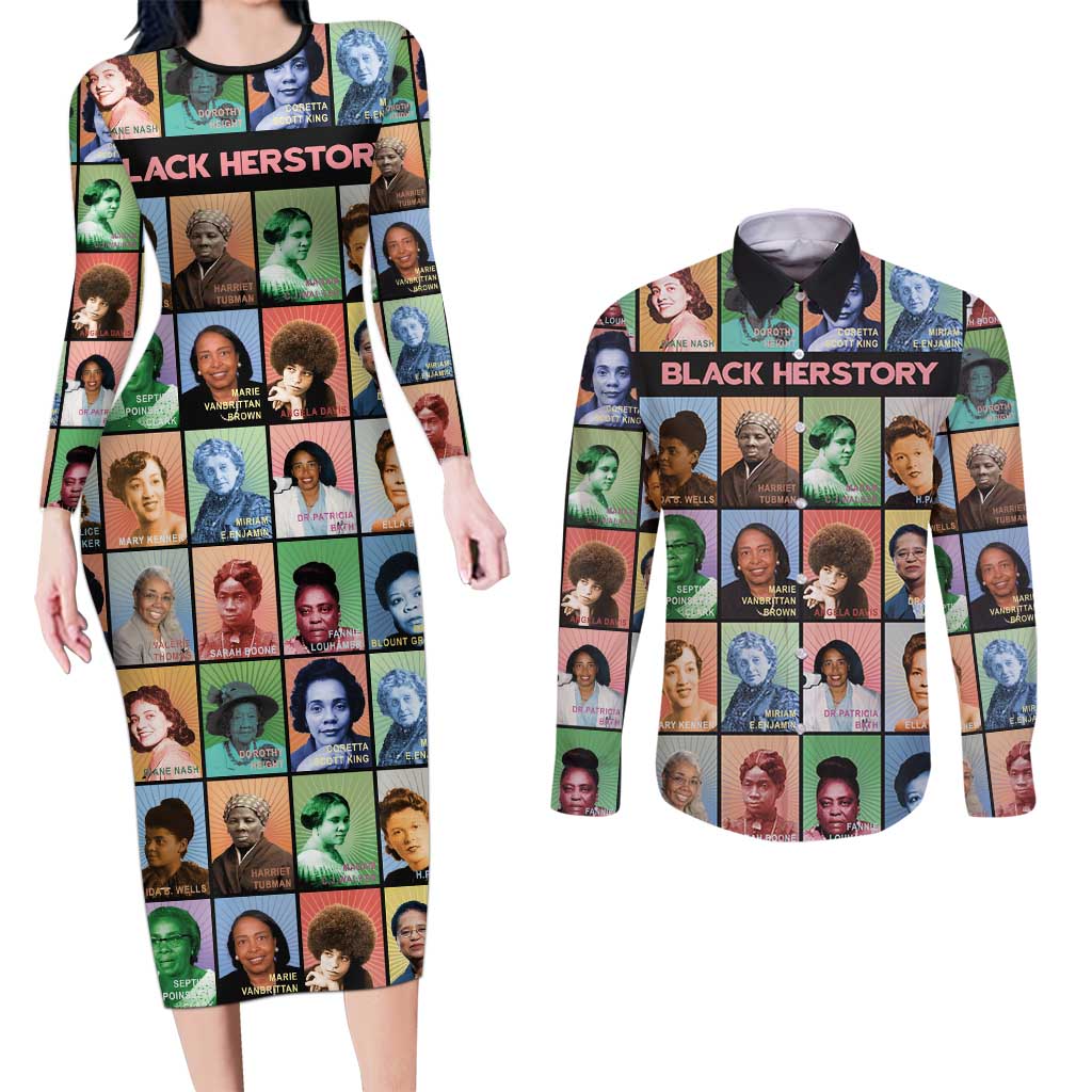 Black Herstory Couples Matching Long Sleeve Bodycon Dress and Long Sleeve Button Shirt The History Of African Women - Wonder Print Shop