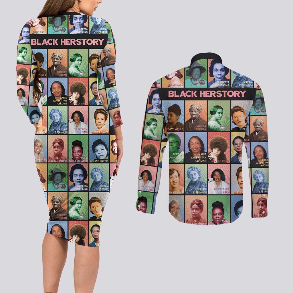 Black Herstory Couples Matching Long Sleeve Bodycon Dress and Long Sleeve Button Shirt The History Of African Women - Wonder Print Shop