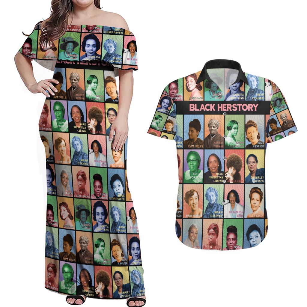 Black Herstory Couples Matching Off Shoulder Maxi Dress and Hawaiian Shirt The History Of African Women - Wonder Print Shop