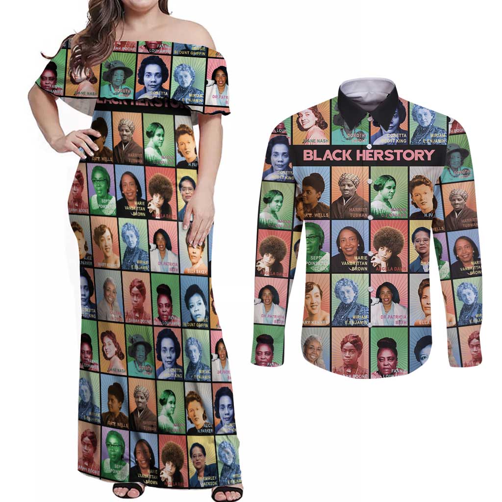 Black Herstory Couples Matching Off Shoulder Maxi Dress and Long Sleeve Button Shirt The History Of African Women - Wonder Print Shop