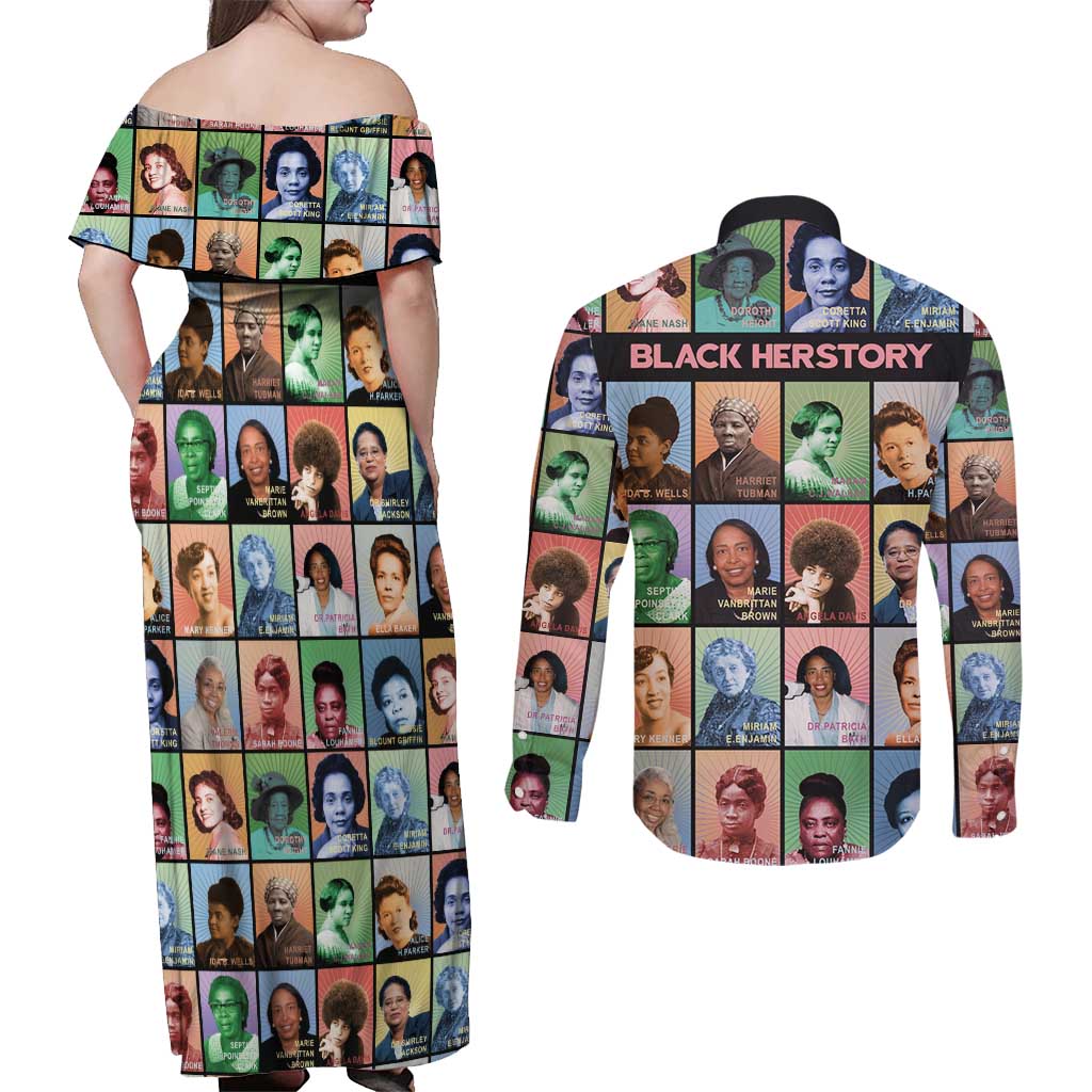 Black Herstory Couples Matching Off Shoulder Maxi Dress and Long Sleeve Button Shirt The History Of African Women - Wonder Print Shop