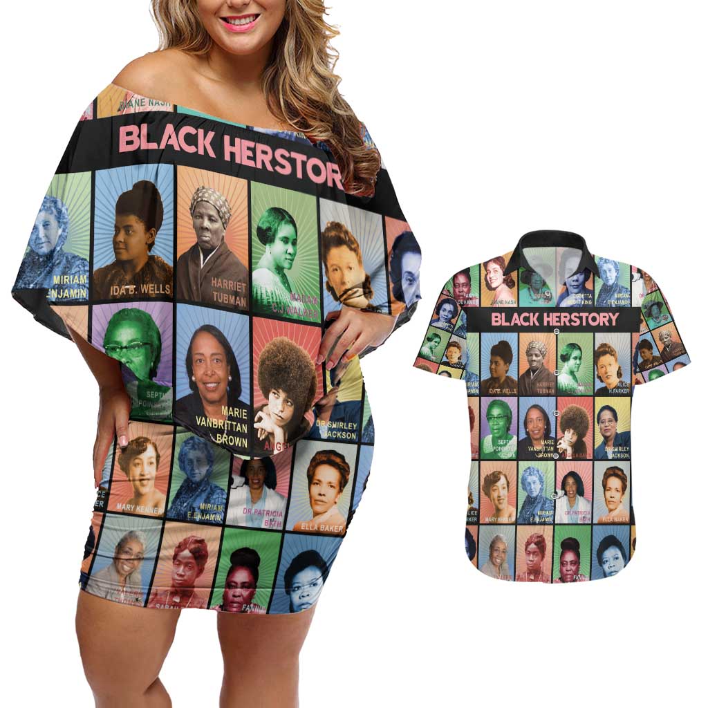 Black Herstory Couples Matching Off Shoulder Short Dress and Hawaiian Shirt The History Of African Women - Wonder Print Shop