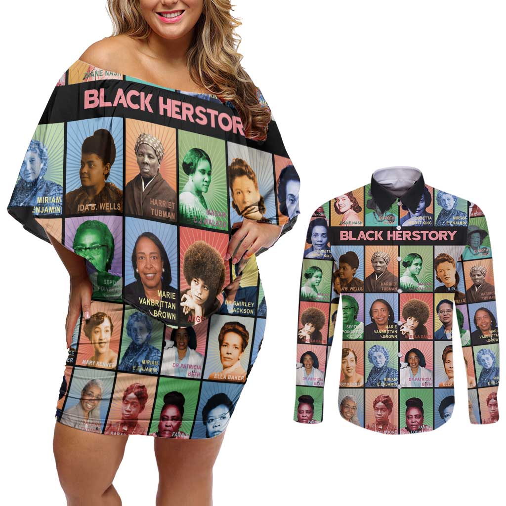 Black Herstory Couples Matching Off Shoulder Short Dress and Long Sleeve Button Shirt The History Of African Women - Wonder Print Shop