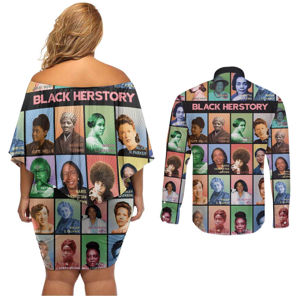 Black Herstory Couples Matching Off Shoulder Short Dress and Long Sleeve Button Shirt The History Of African Women - Wonder Print Shop