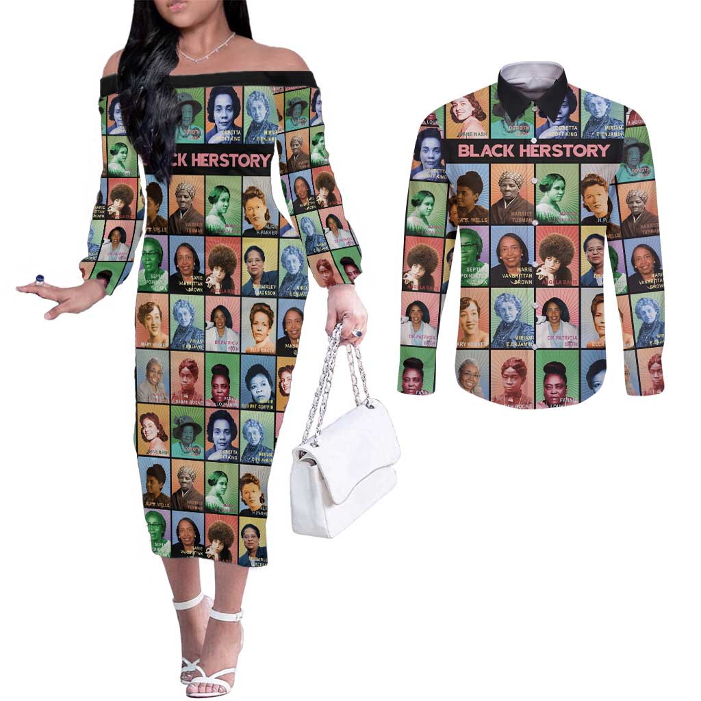 Black Herstory Couples Matching Off The Shoulder Long Sleeve Dress and Long Sleeve Button Shirt The History Of African Women