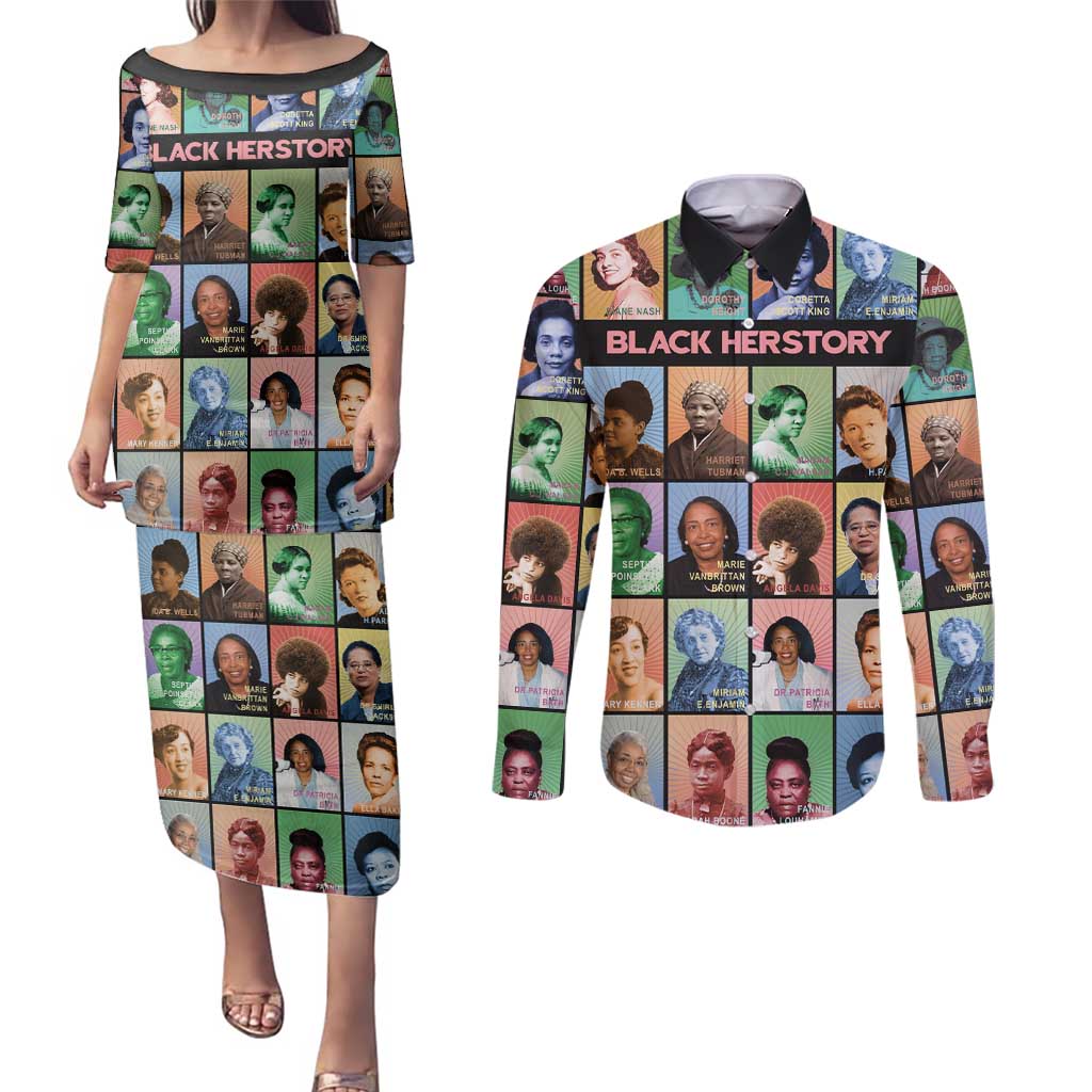Black Herstory Couples Matching Puletasi and Long Sleeve Button Shirt The History Of African Women - Wonder Print Shop