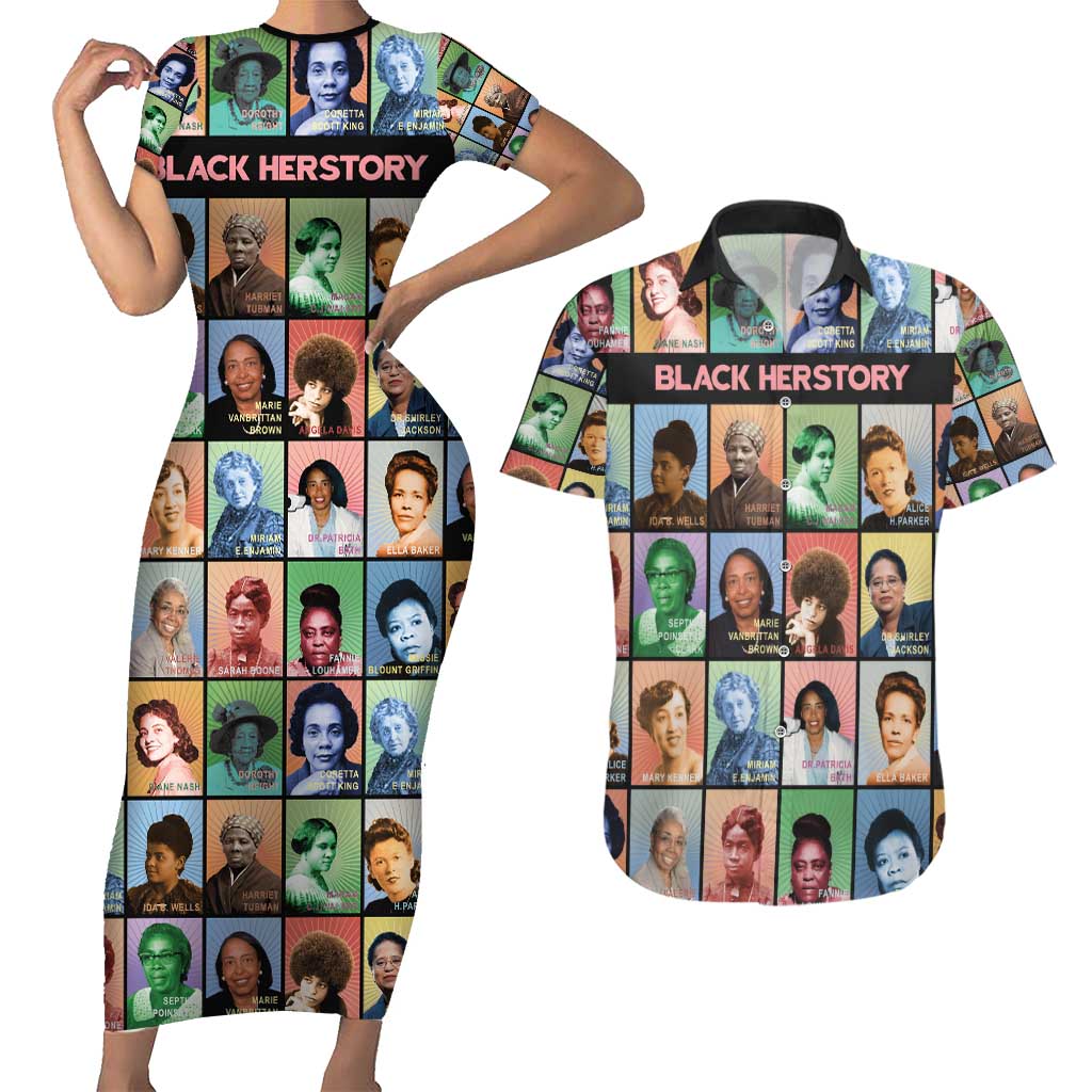 Black Herstory Couples Matching Short Sleeve Bodycon Dress and Hawaiian Shirt The History Of African Women - Wonder Print Shop