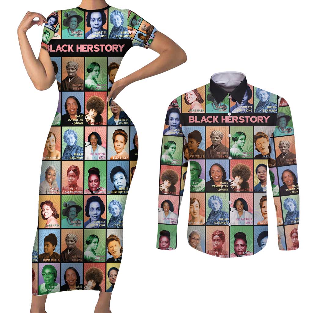Black Herstory Couples Matching Short Sleeve Bodycon Dress and Long Sleeve Button Shirt The History Of African Women - Wonder Print Shop