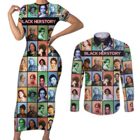 Black Herstory Couples Matching Short Sleeve Bodycon Dress and Long Sleeve Button Shirt The History Of African Women - Wonder Print Shop