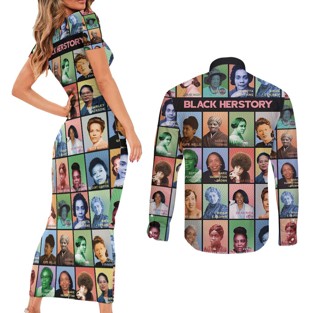 Black Herstory Couples Matching Short Sleeve Bodycon Dress and Long Sleeve Button Shirt The History Of African Women - Wonder Print Shop