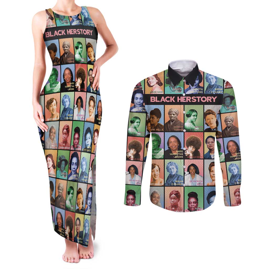 Black Herstory Couples Matching Tank Maxi Dress and Long Sleeve Button Shirt The History Of African Women - Wonder Print Shop