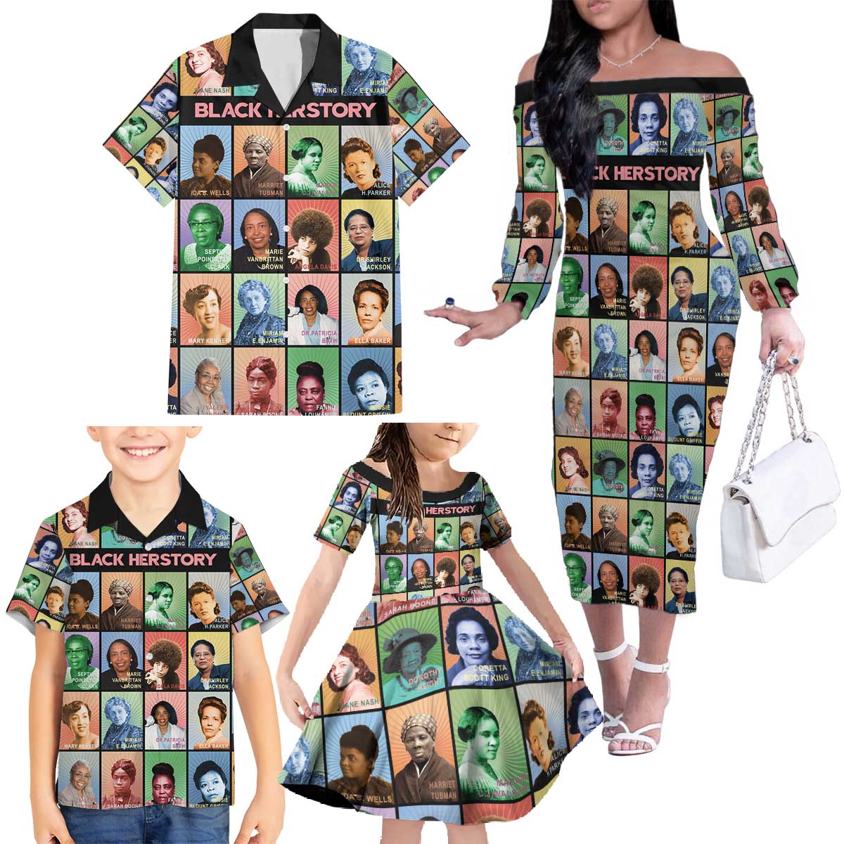 Black Herstory Family Matching Off The Shoulder Long Sleeve Dress and Hawaiian Shirt The History Of African Women - Wonder Print Shop